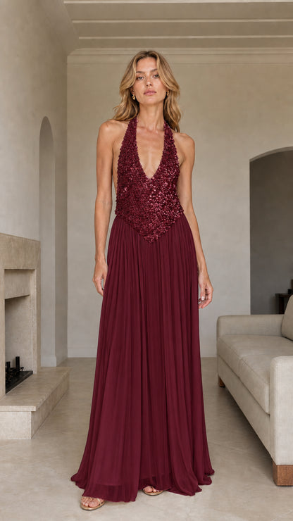 Front view of Burgundy Sequin Halter Pleated Maxi Dress
