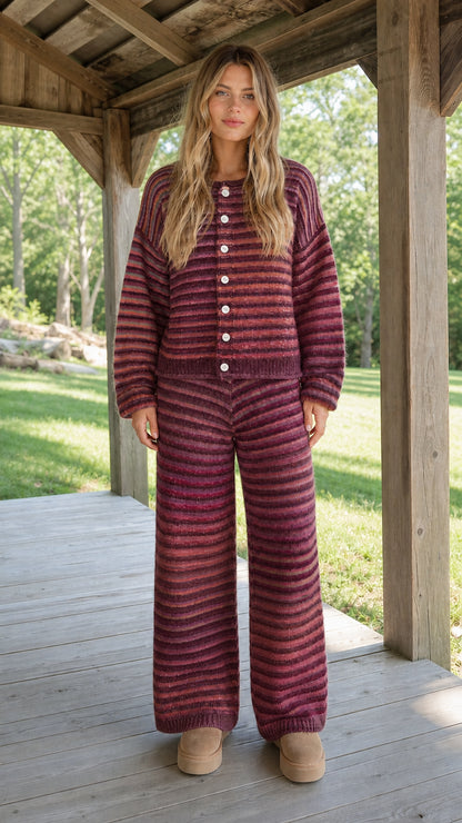 Model wearing Berry Multi burgundy striped knit two-piece sweater lounge set