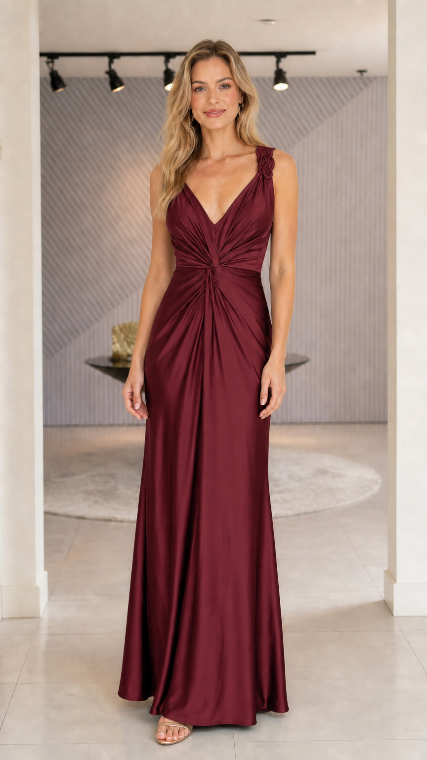 Model wearing burgundy satin evening dress