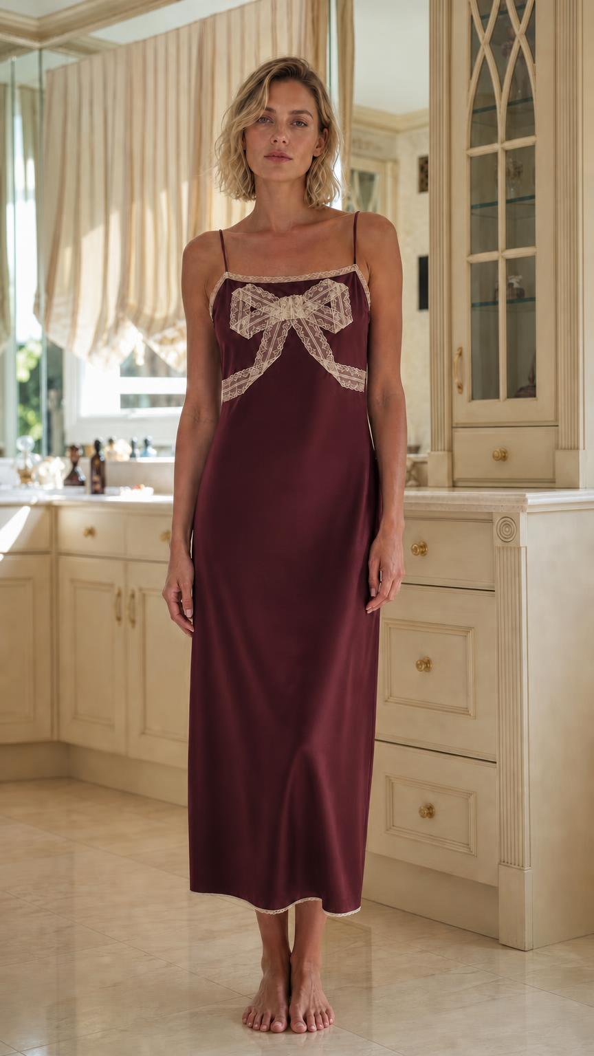 Front view of burgundy satin slip dress with lace bow
