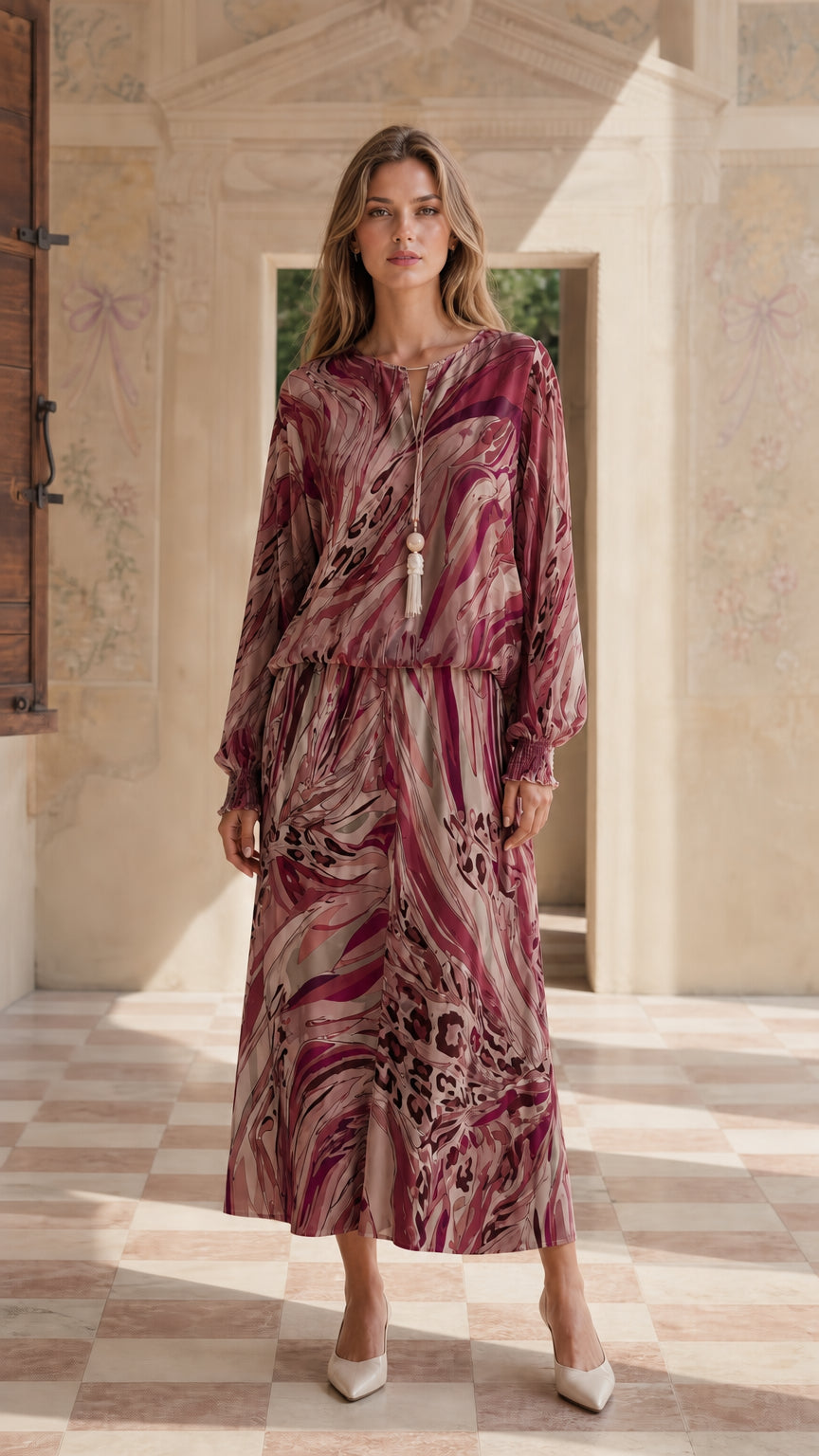 Model wearing burgundy abstract print maxi dress set