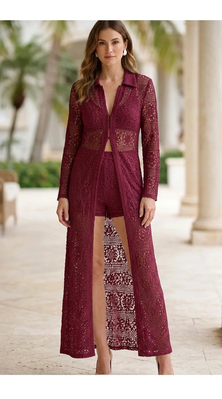 Model wearing burgundy crochet lace long cardigan and shorts set