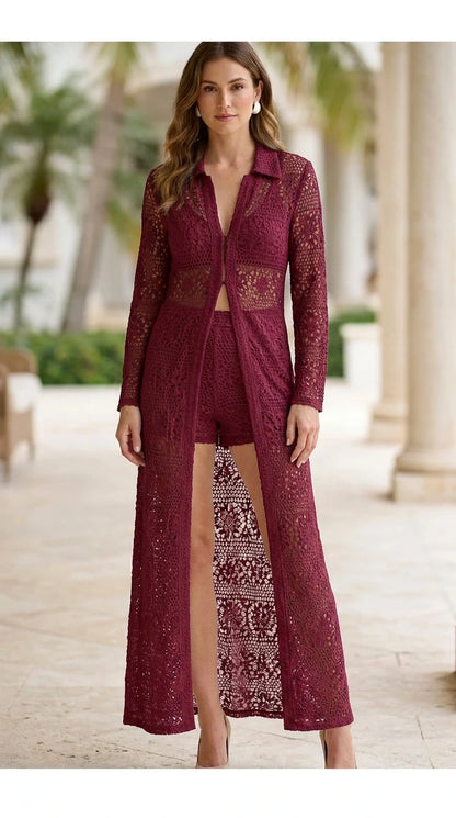 Model wearing burgundy crochet lace long cardigan and shorts set