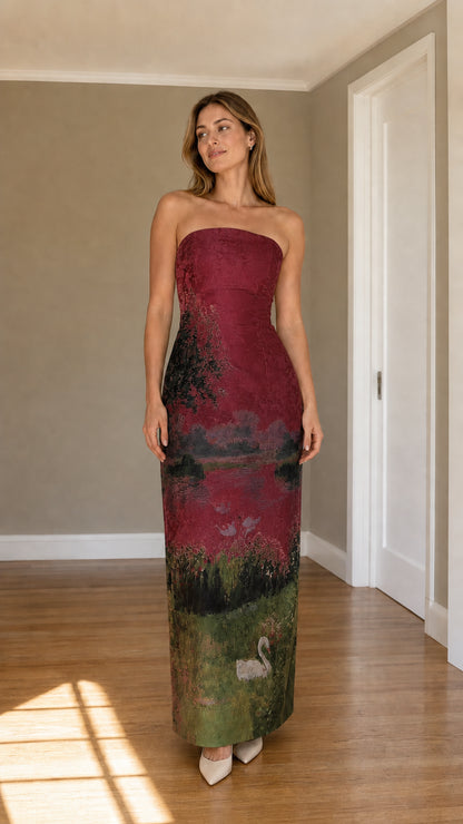 Front view of burgundy strapless scenic landscape jacquard column maxi dress