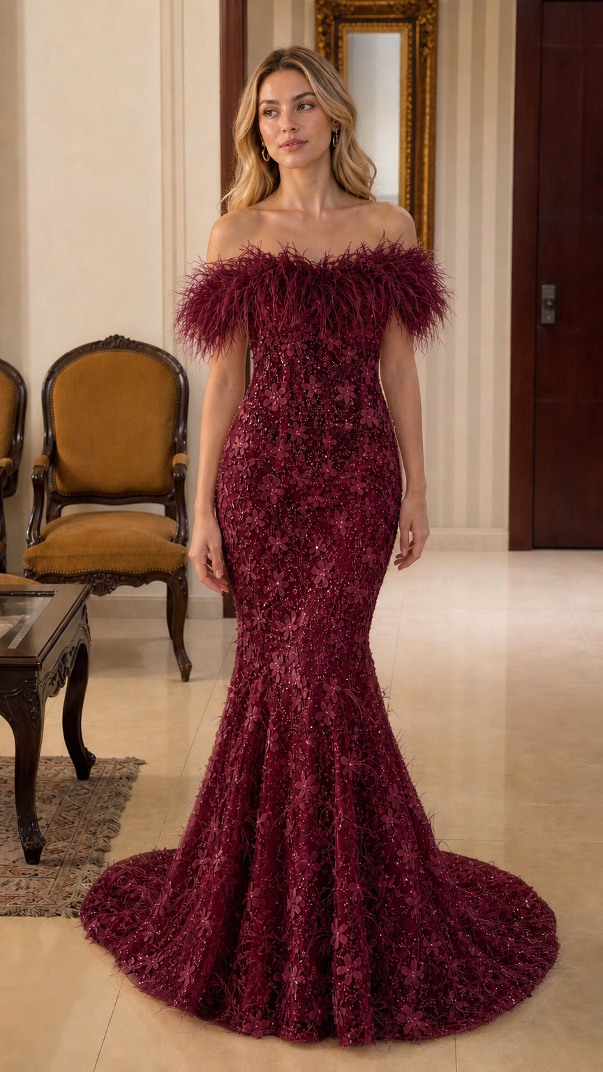 Burgundy variant of off-shoulder feather trim mermaid gown