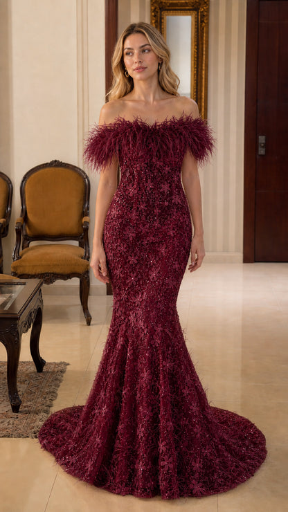 Burgundy variant of off-shoulder feather trim mermaid gown