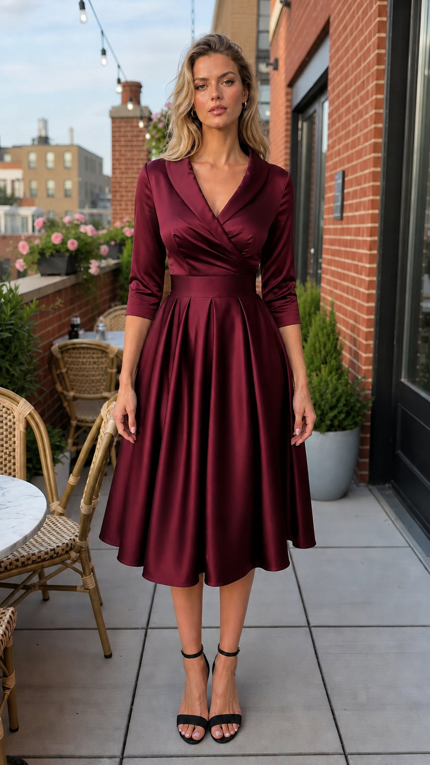 Front view of burgundy satin midi dress on model