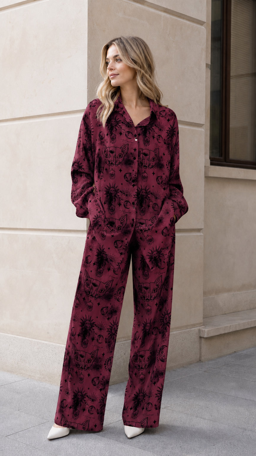 Woman wearing burgundy red celestial print loungewear set