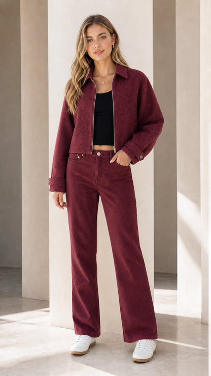 Model wearing burgundy co-ord set
