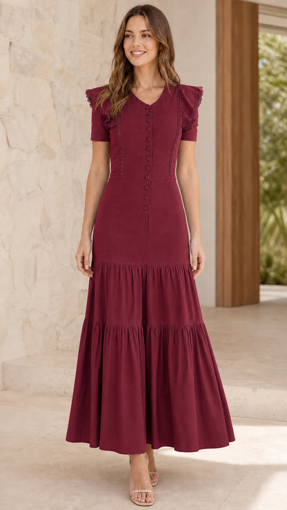 Full length view of model wearing Burgundy tiered maxi dress