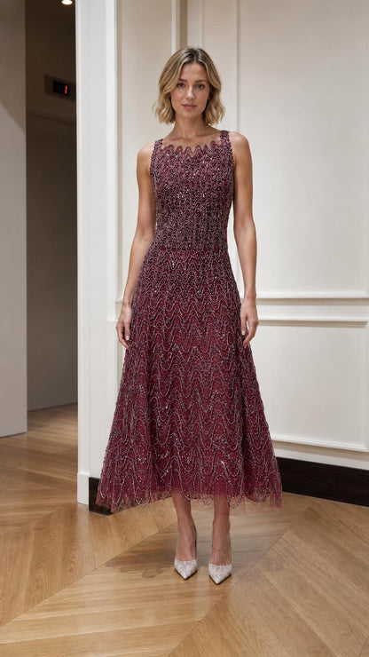 Burgundy embellished sleeveless A-line midi dress shown from the front