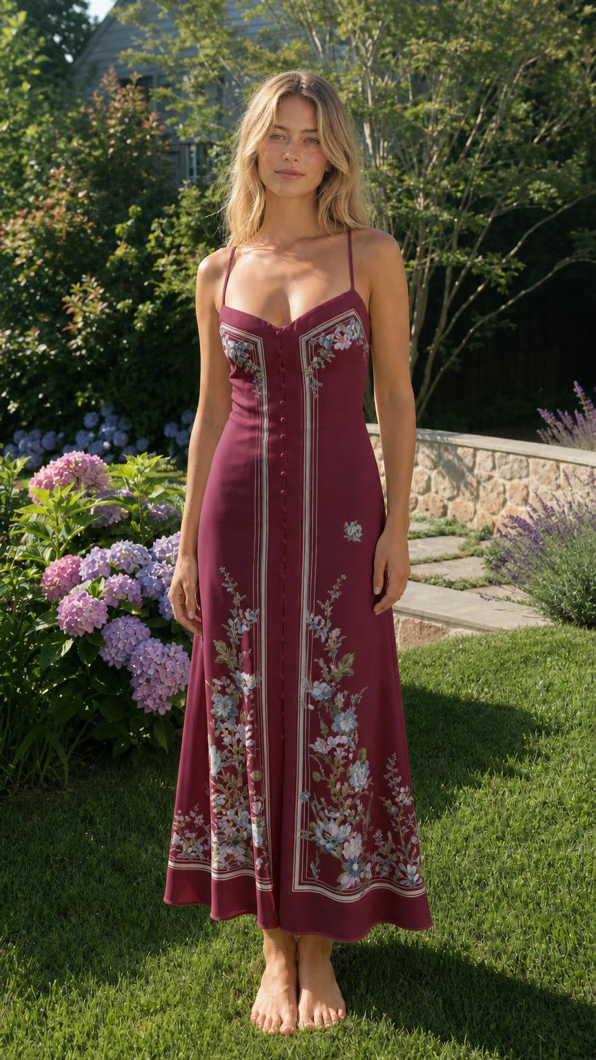 Model wearing burgundy floral cami maxi dress