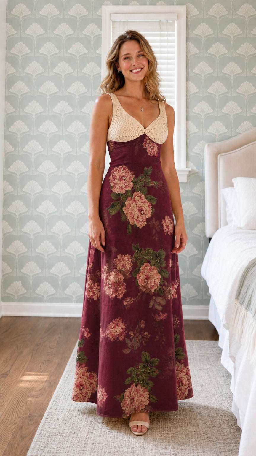 Woman wearing burgundy floral maxi dress