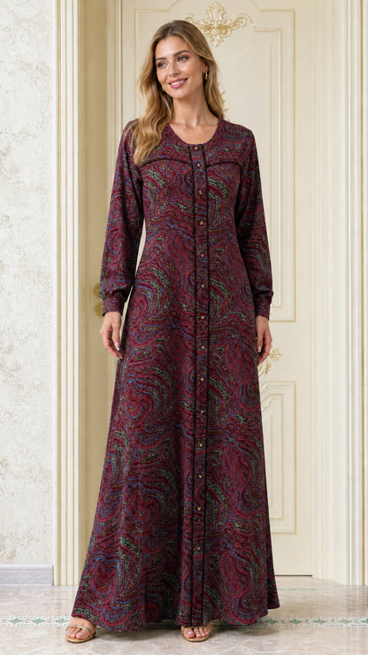 Front view of woman wearing Burgundy wine swirl print long sleeve maxi dress