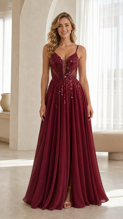 Front view of burgundy evening dress
