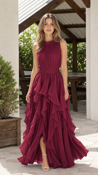 Front view of model wearing burgundy tiered ruffle chiffon maxi dress
