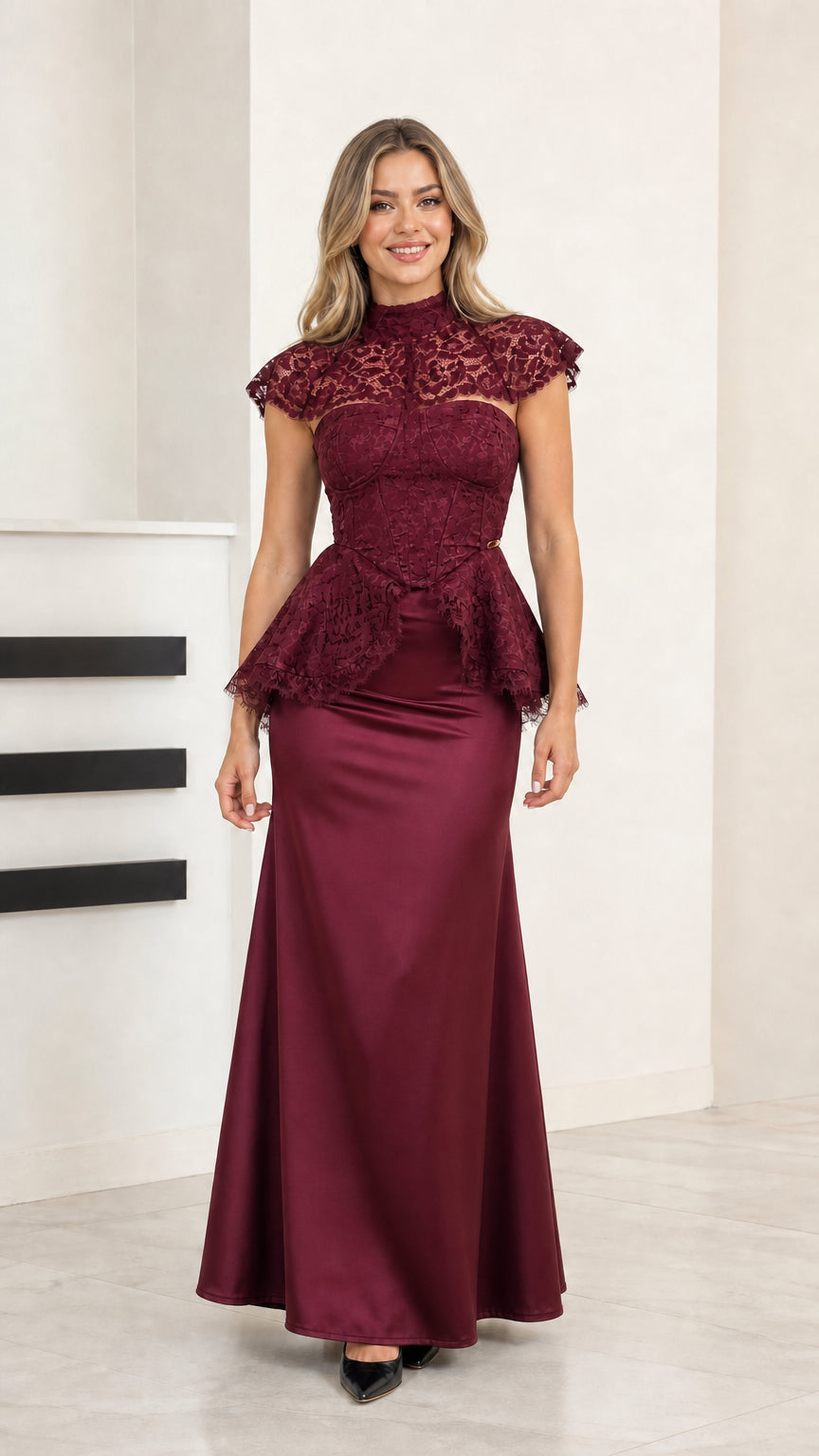 Burgundy wine high neck lace and satin peplum formal dress