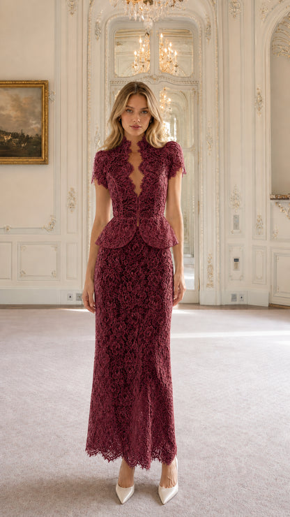 Burgundy wine red floral lace peplum evening maxi dress