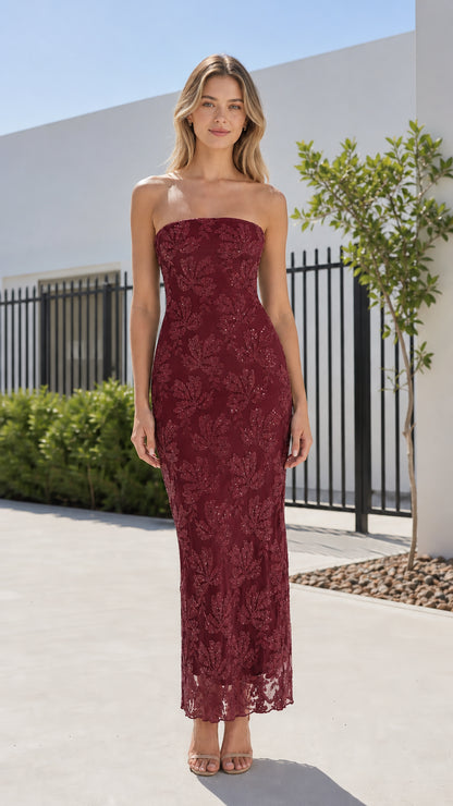 Front view of model wearing burgundy strapless sequin lace maxi dress