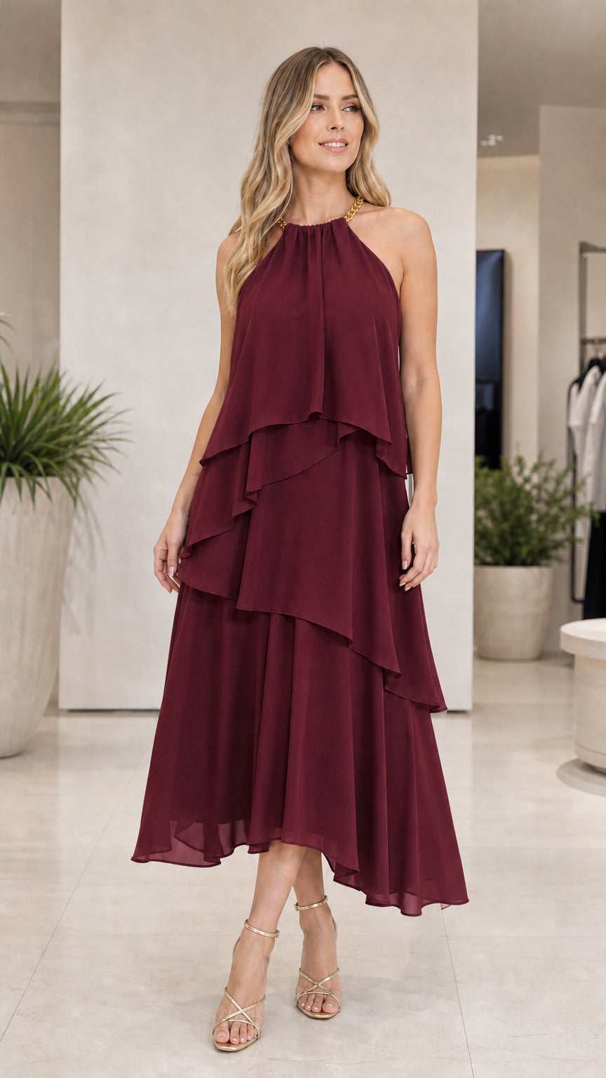 Burgundy tiered halter midi dress shown from the front