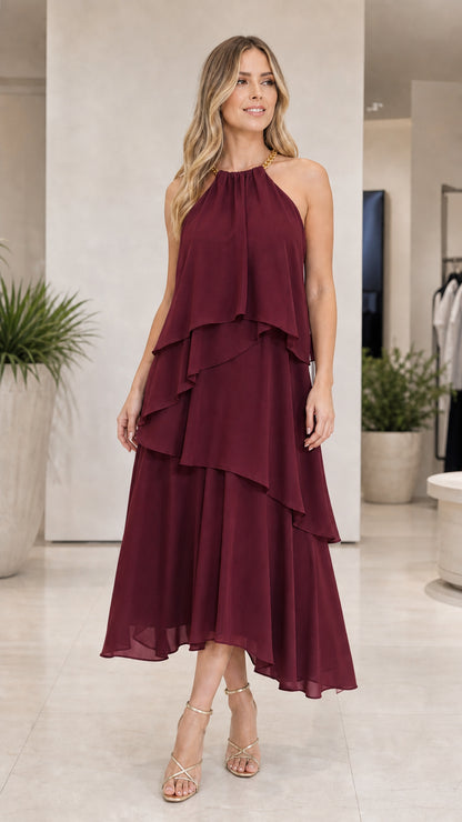Burgundy tiered halter midi dress shown from the front