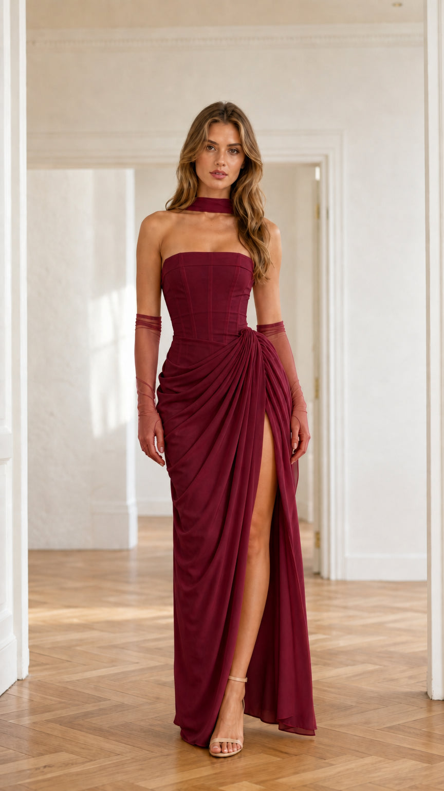 Front view of burgundy strapless ruched maxi dress with draped skirt