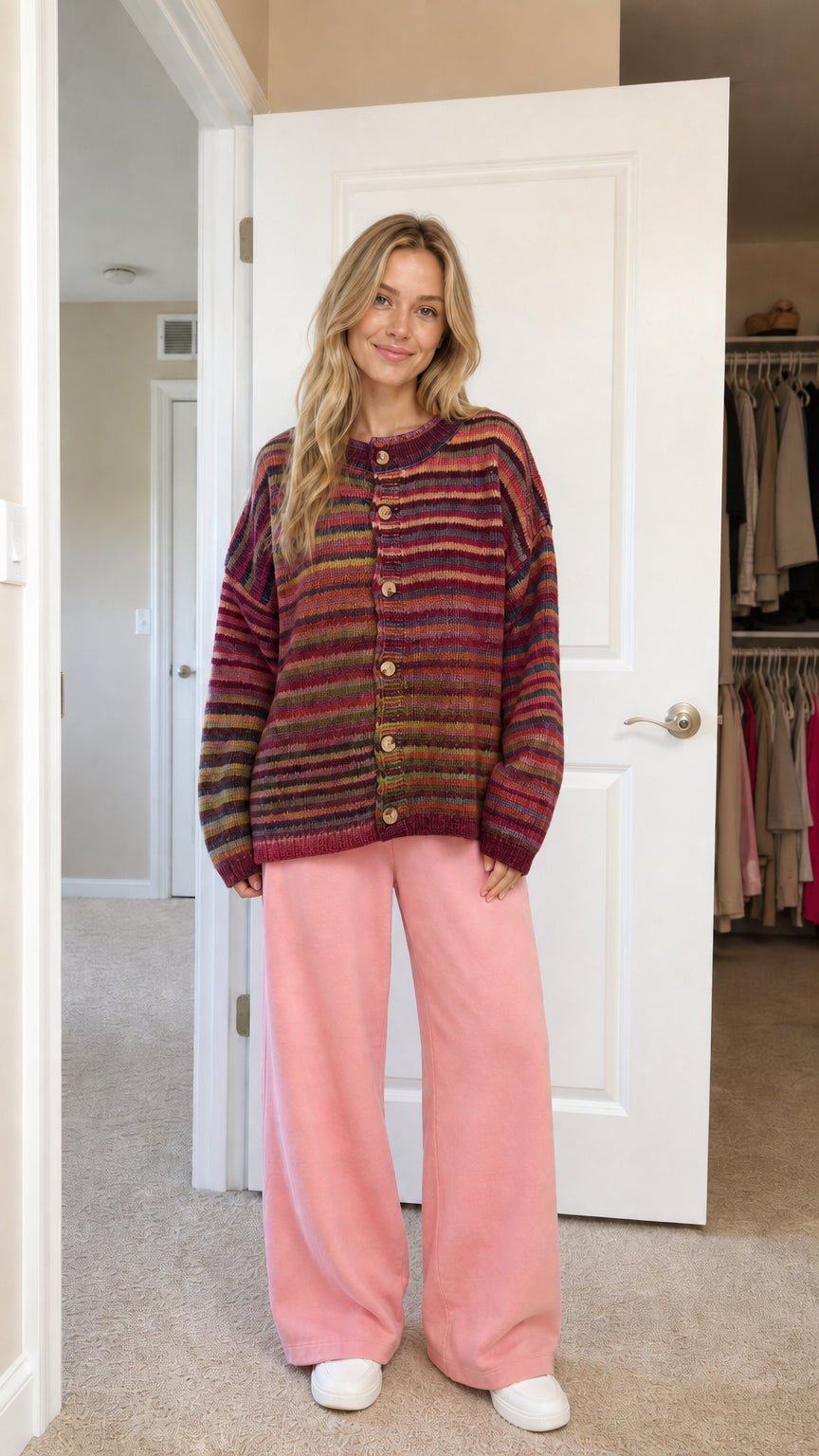Front view of burgundy-based striped cardigan variant