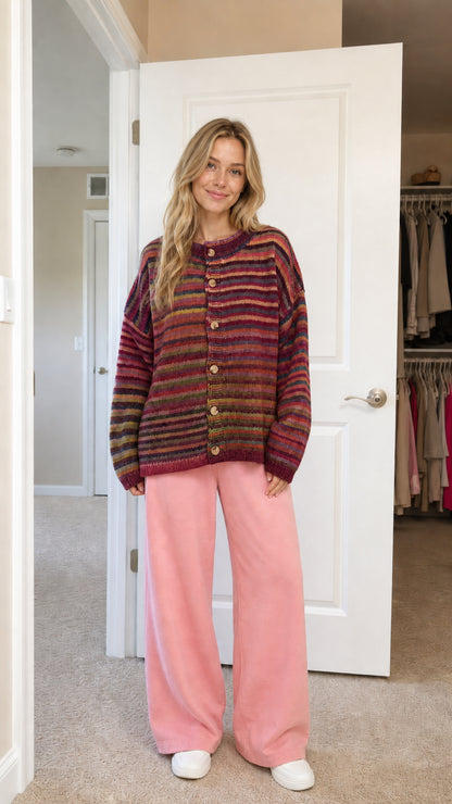 Front view of burgundy-based striped cardigan variant