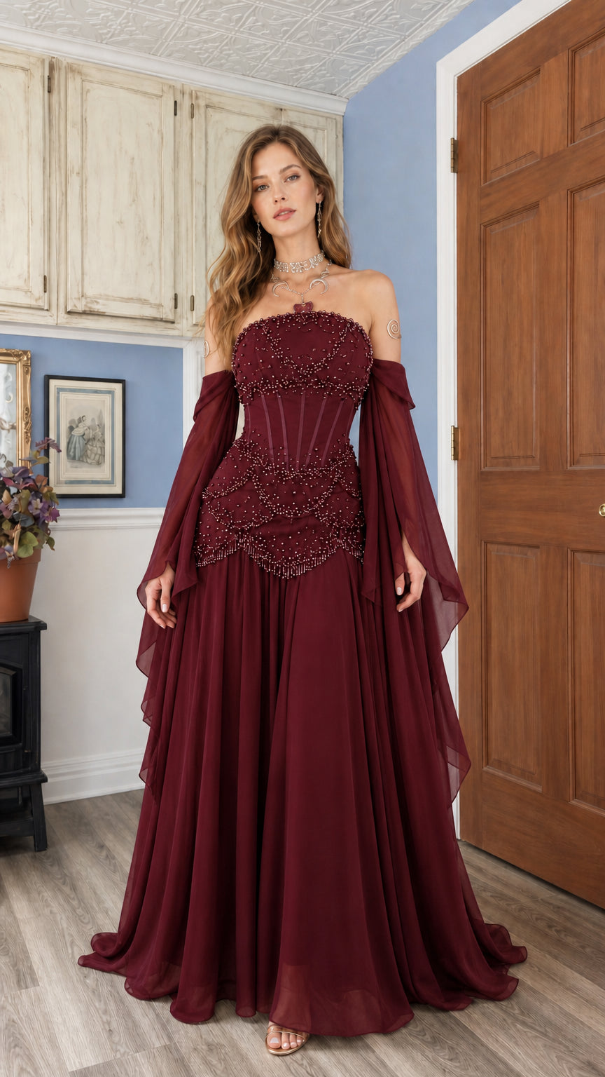 Burgundy wine red beaded corset evening dress with long draped sleeves
