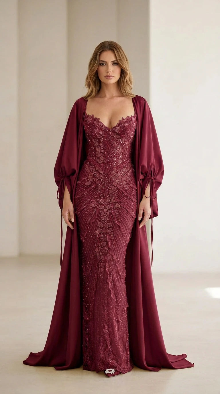 Front view of burgundy color variant of the evening gown and cape