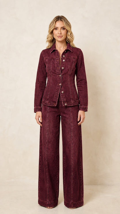 Front view of the women's burgundy denim-style jacket and wide-leg pants set