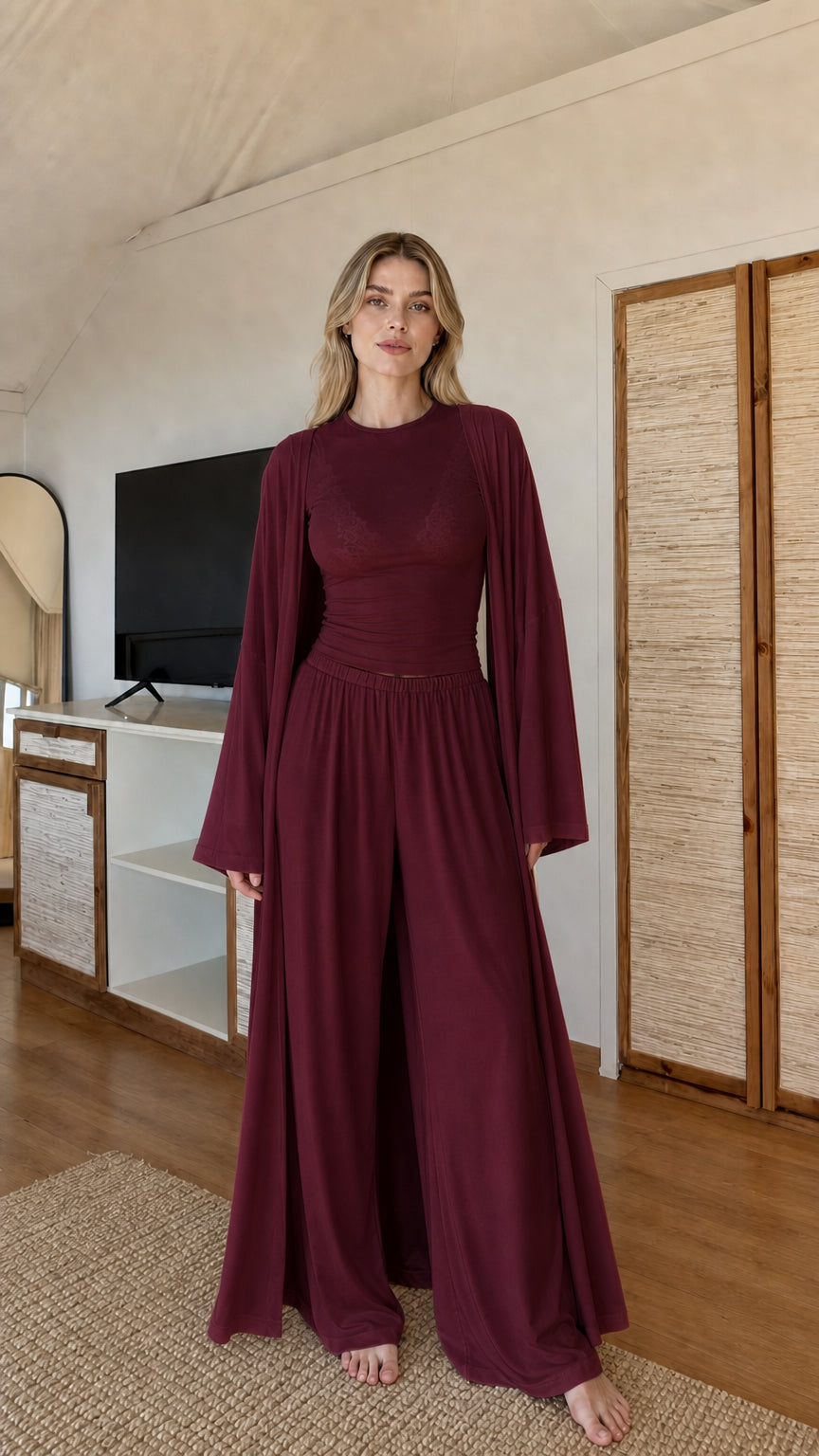 Front view of model wearing Burgundy wine-red 3-piece monochrome lounge set