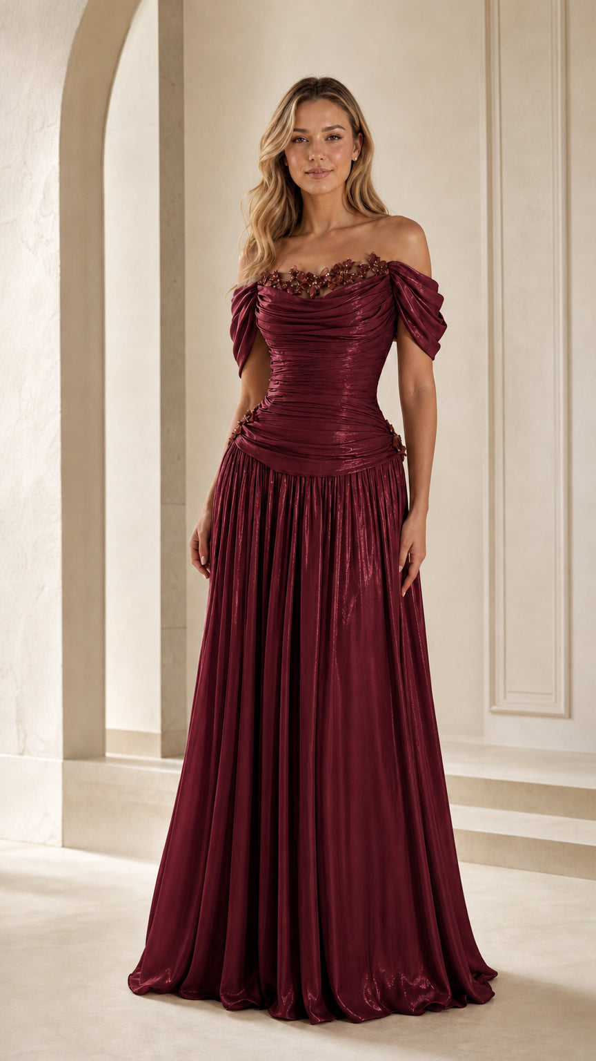 Burgundy wine pleated formal dress with off-shoulder draped sleeves