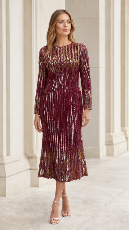 Front view of woman wearing burgundy wine sequin chevron midi dress