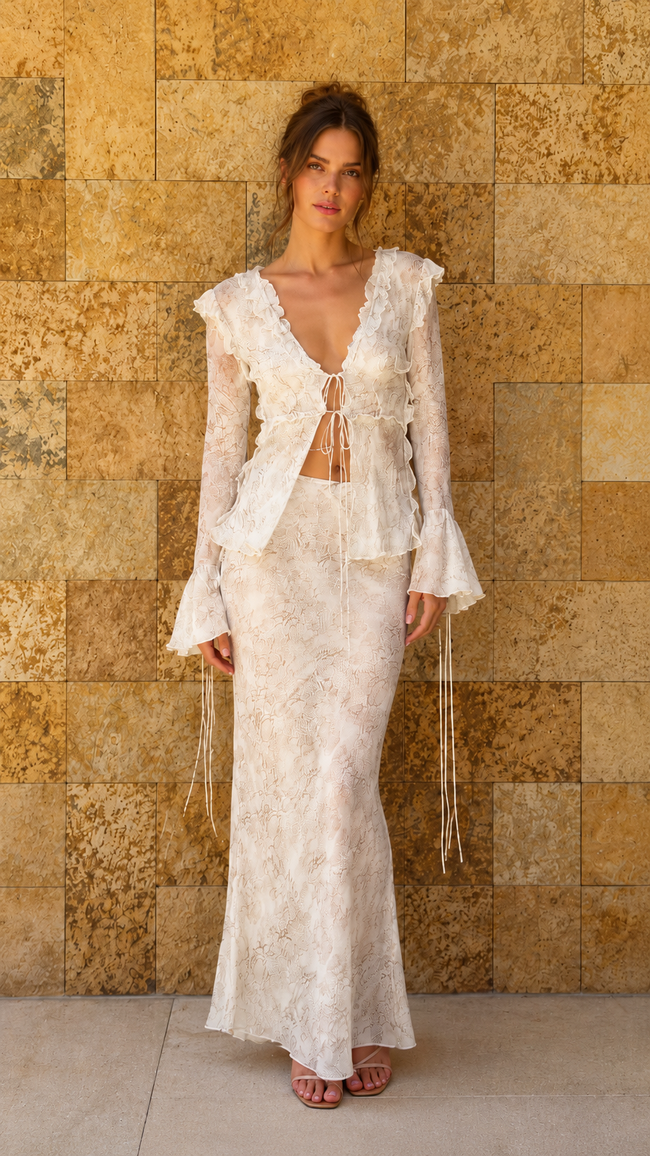 Model wearing white sheer lace matching set