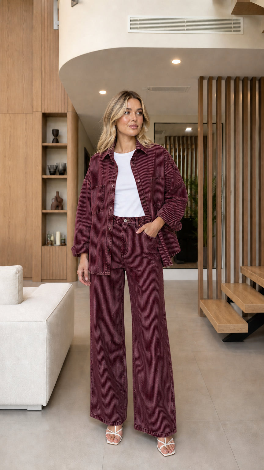 Model wearing Burgundy striped denim shacket and wide-leg pants two-piece set