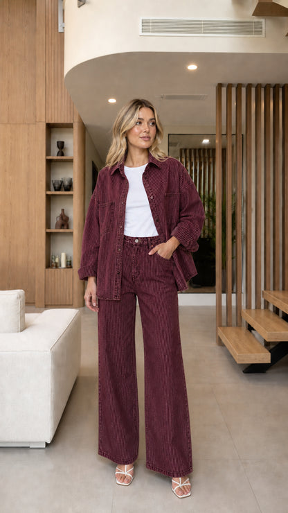 Model wearing Burgundy striped denim shacket and wide-leg pants two-piece set