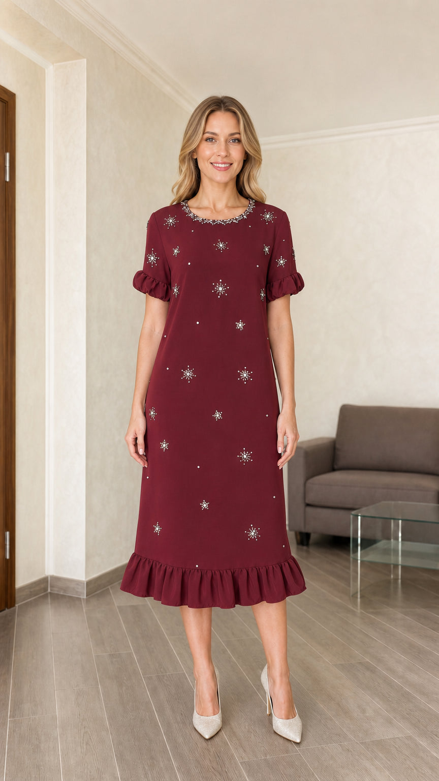 Model wearing burgundy embellished midi dress