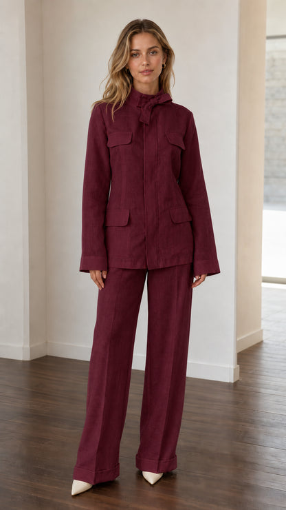 Front view of woman wearing Burgundy utility pant suit set