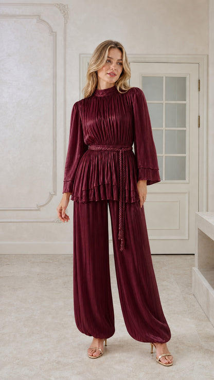 Burgundy wine red pleated two-piece evening pant set