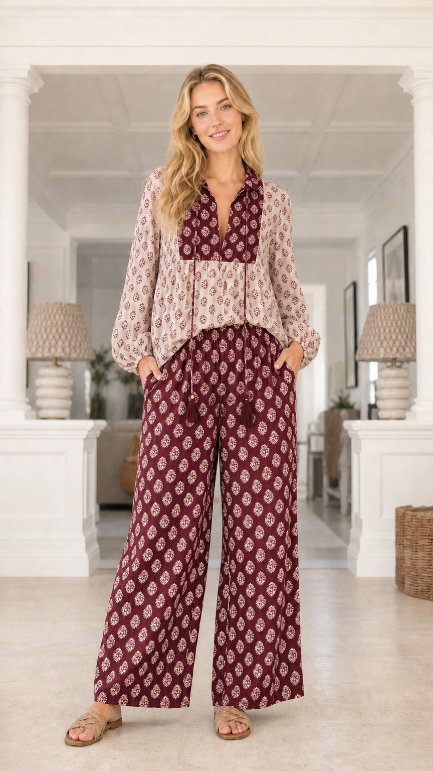 Model wearing burgundy printed two piece set