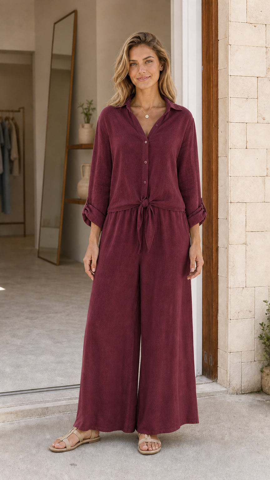 Front view of burgundy button-down wide leg jumpsuit