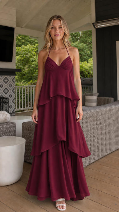 Full length view of burgundy tiered maxi dress