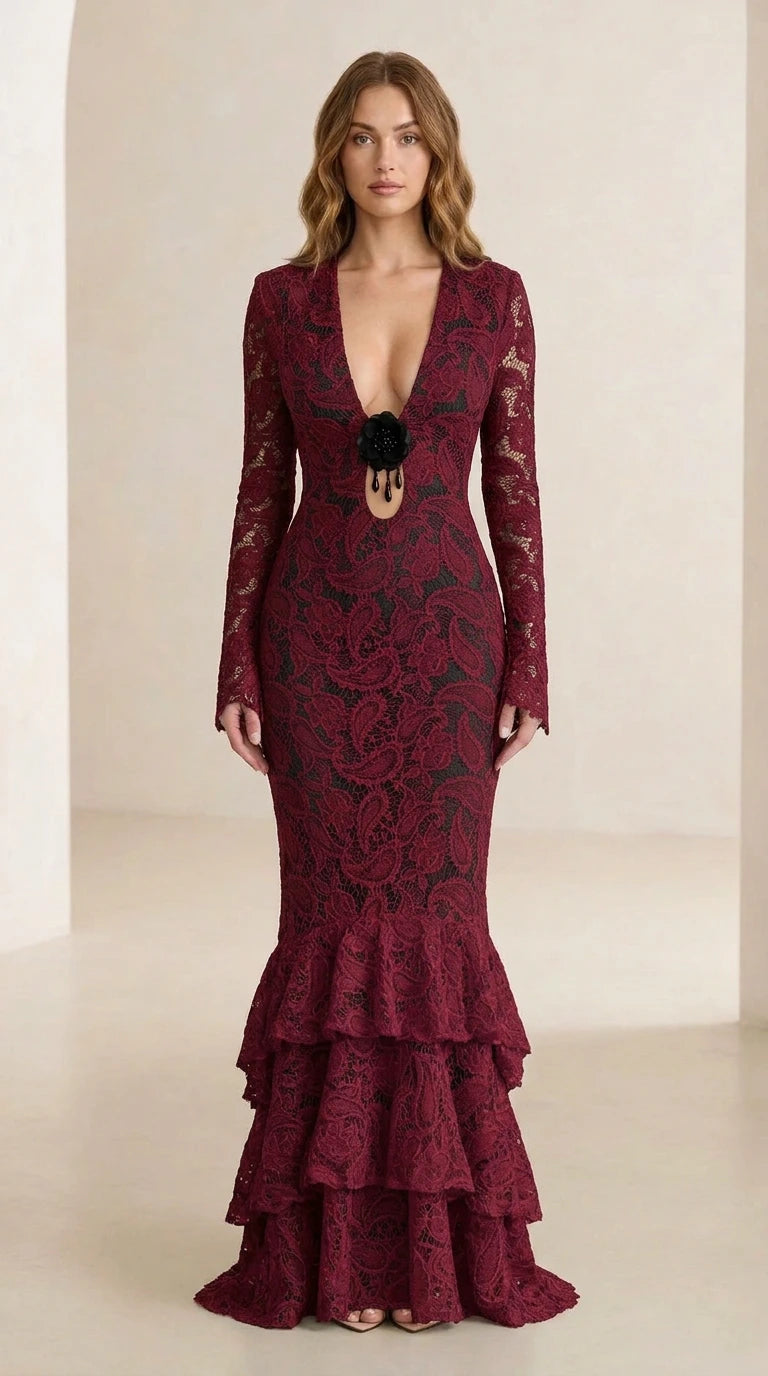 Front view of model wearing burgundy floral lace long-sleeve maxi dress