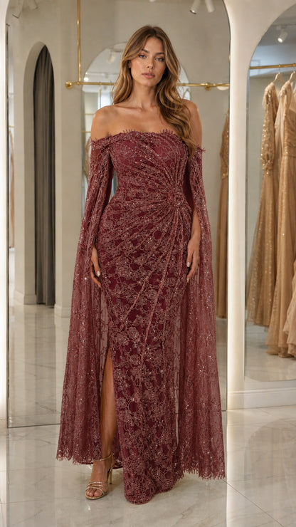 Woman wearing burgundy off-shoulder sequin lace evening gown