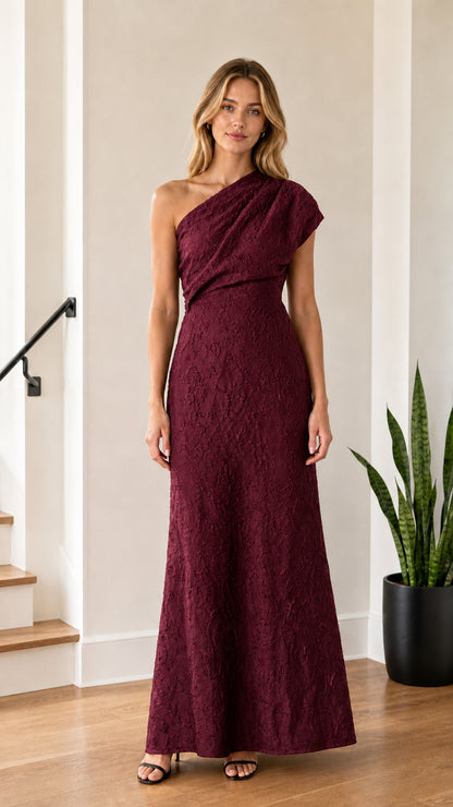 Model wearing Burgundy one-shoulder maxi dress