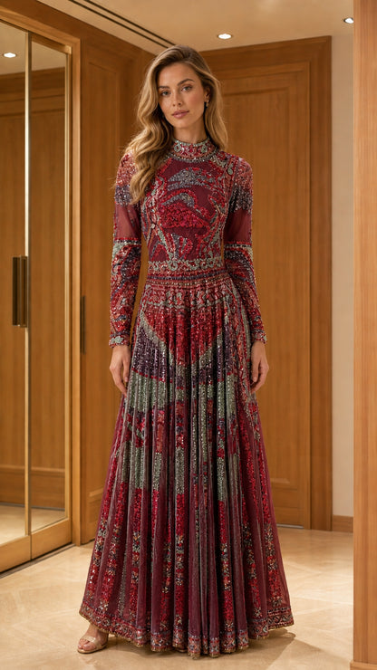 Burgundy embellished long sleeve evening gown