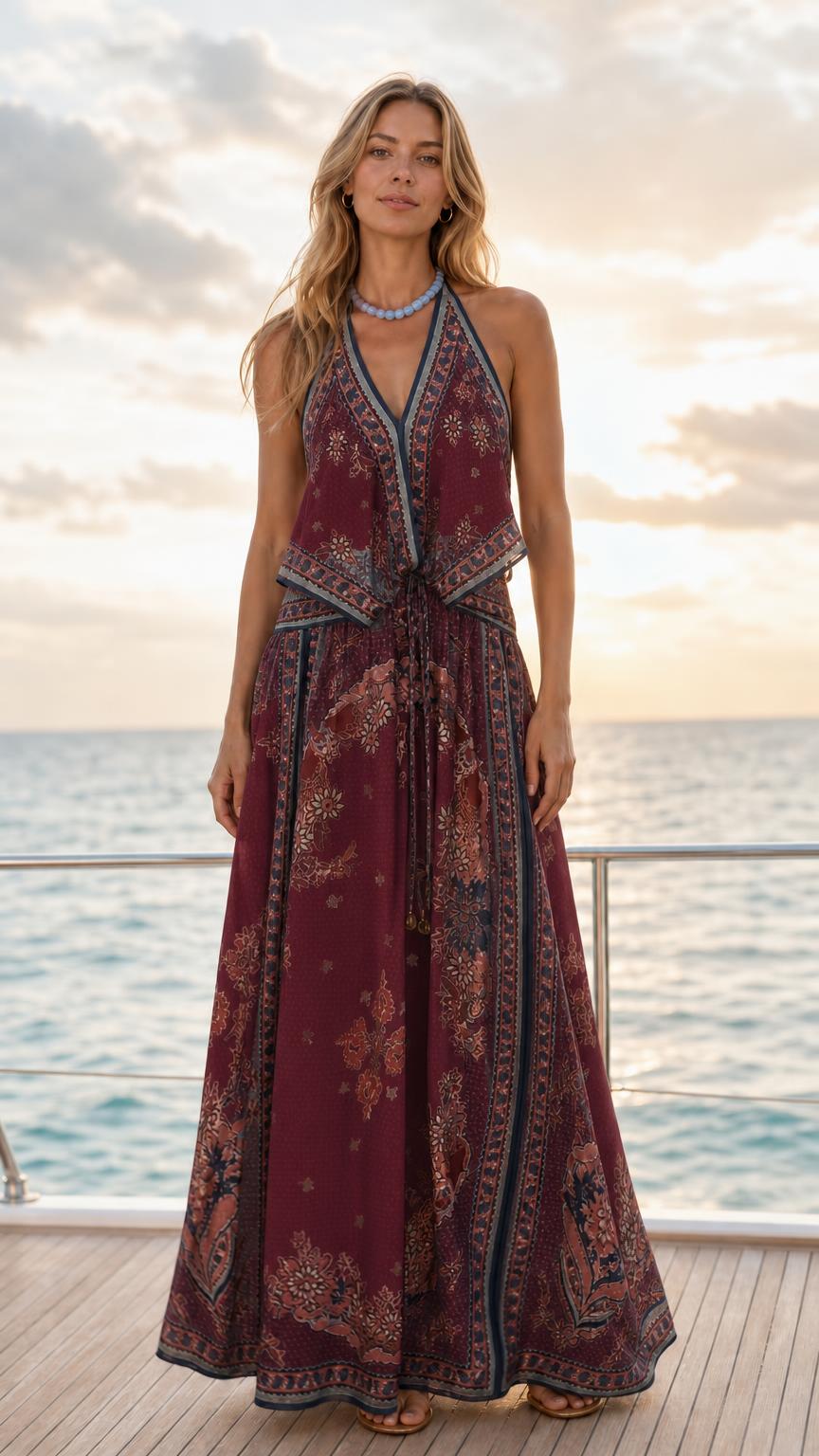 Burgundy color variant of halter maxi dress