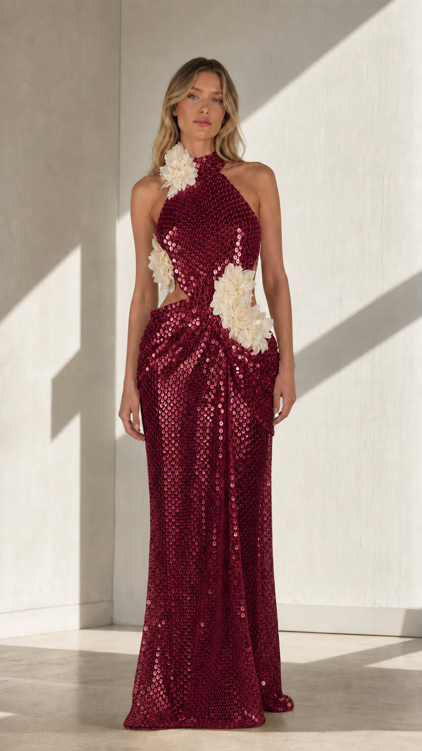 Burgundy sequin halter maxi dress with floral appliqués shown from the front