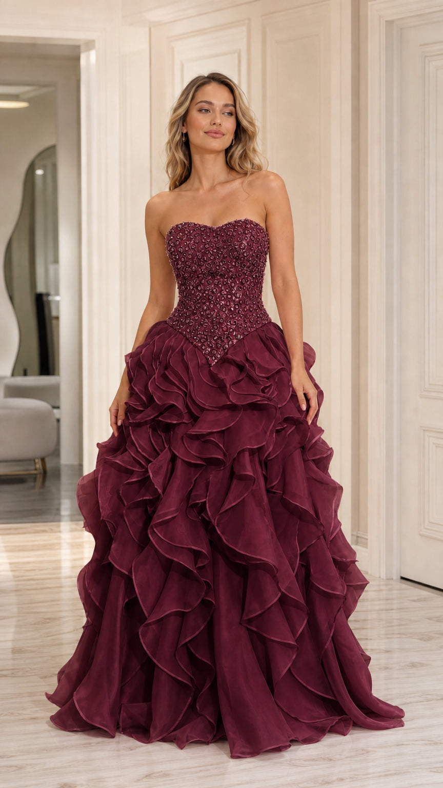 Model wearing burgundy wine strapless beaded tiered ruffle formal dress